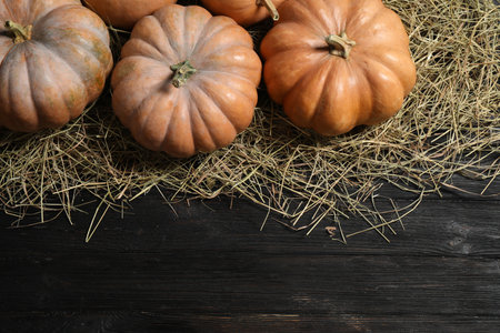 Flat lay composition with different ripe pumpkins on wooden background, space for text. holiday decorationの写真素材