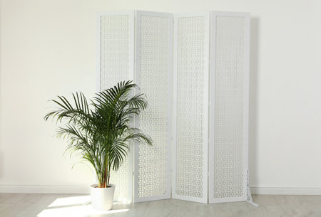 Modern folding screen in light spacious roomの写真素材