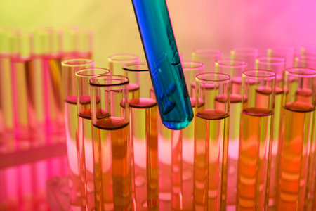Taking test tube with blue liquid sample, closeup. color tone effect
