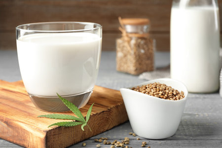 Composition with glass of hemp milk on gray wooden table, closeupの写真素材