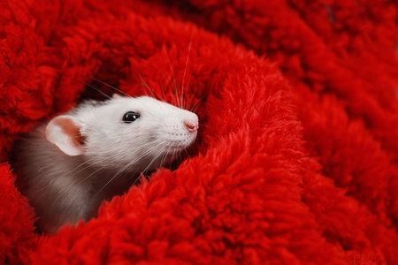 Cute little rat wrapped in red fluffy blanketの写真素材