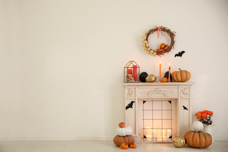 Modern room decorated for Halloween, space for text. Idea for festive interiorの写真素材