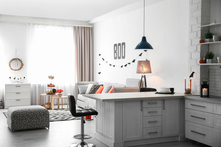 Modern room decorated for Halloween. Festive interiorの写真素材