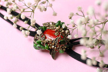 Beautiful bracelet with cornelian gemstone and flowers on pink backgroundの写真素材