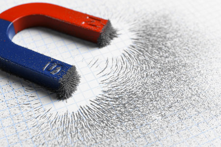 Magnet attracting iron powder on squared paper, closeupの写真素材