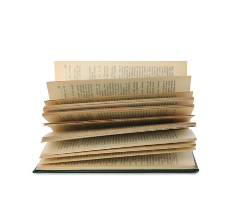 Open hardcover old book on white backgroundの写真素材