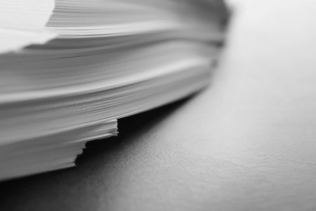 Stack of blank paper on gray table, closeup