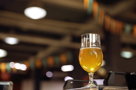 Glass of cold tasty beer in pub. Space for textの写真素材