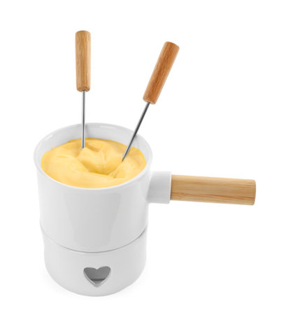 Pot of tasty cheese fondue and forks isolated on whiteの写真素材