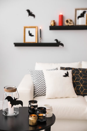 Modern room decorated for Halloween. Idea for festive interiorの写真素材
