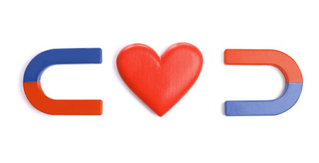 Red and blue horseshoe magnets with decorative heart on white background, top viewの写真素材
