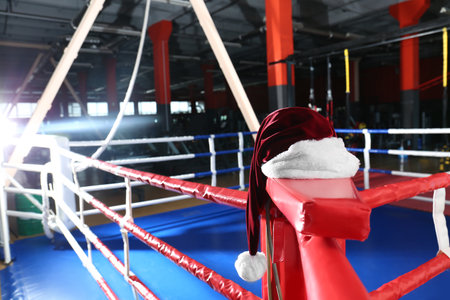 Santa hat in corner of boxing ringの写真素材