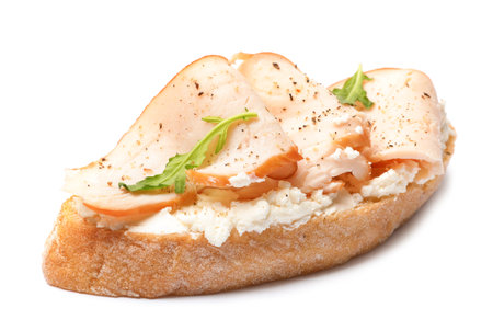 Delicious chicken bruschetta on white background. Traditional Italian antipastoの写真素材