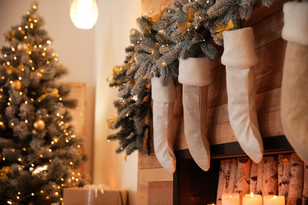 Stylish room interior with decorative fireplace. christmas timeの写真素材