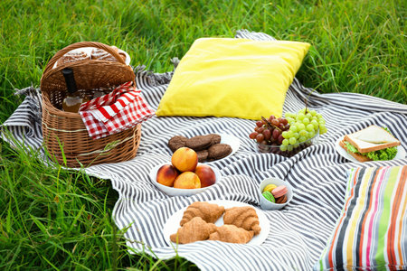 Picnic blanket with different snacks on green grass