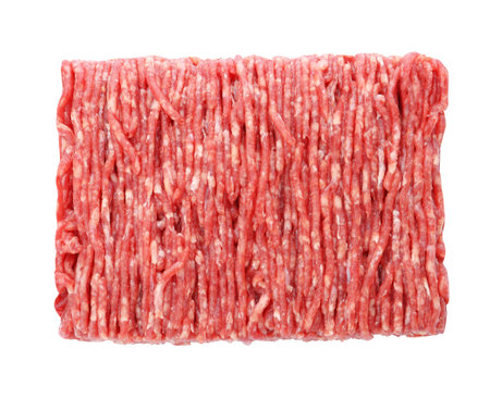 Fresh raw minced meat on white background, top view
