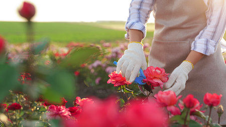 Woman pruning rose bush outdoors, closeup. gardening tool