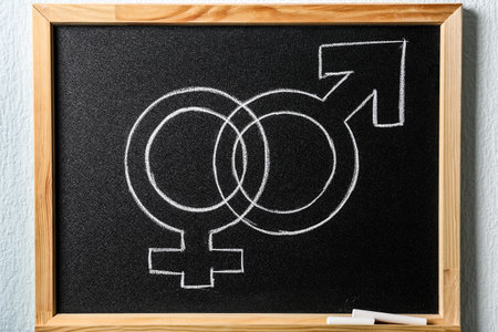Small blackboard with drawn gender symbols on white wall. sex educationの写真素材