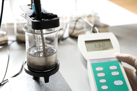 Scientist measuring acidity and pH of soil at table, closeup. laboratory analysisの写真素材