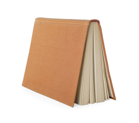 Open hardcover old book on white backgroundの写真素材