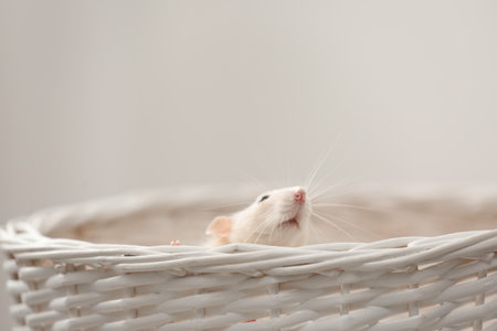 Cute small rat in basket against light backgroundの写真素材