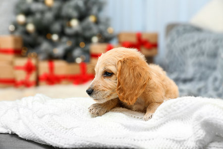 Adorable English Cocker Spaniel puppy on warm blanket indoors. winter seasonの写真素材
