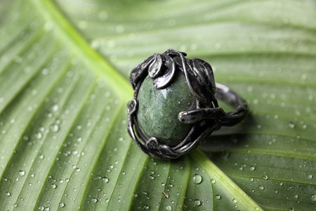 Beautiful silver ring with opal gemstone on green leaf, closeup