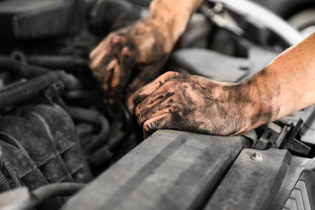 Dirty mechanic fixing car, closeup of handsの写真素材