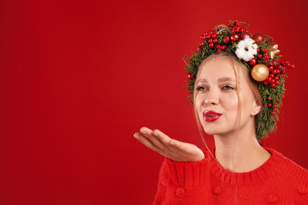 Beautiful young woman wearing Christmas wreath on red background. Space for textの写真素材