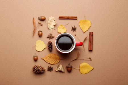 Flat lay composition with hot drink on beige background. Cozy autumnの写真素材