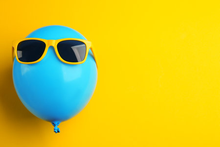 Balloon with sunglasses on yellow background, top view. Space for textの写真素材