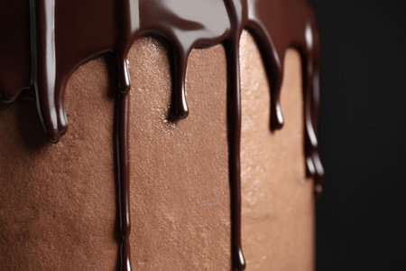 Freshly made delicious chocolate cake against black background, closeupの写真素材