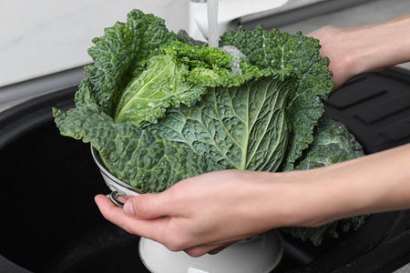 Woman washing fresh green savoy cabbage under tap water in kitchen sink, closeupの写真素材
