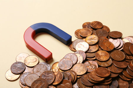 Magnet attracting coins on beige background, closeupの写真素材