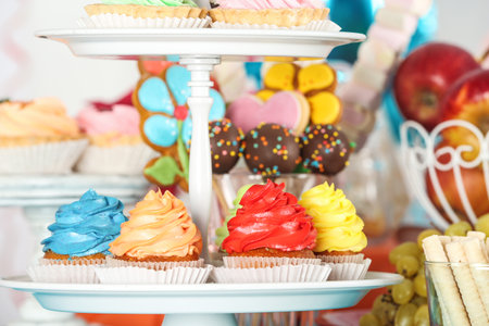 Candy bar with delicious treats for birthday party, closeupの写真素材