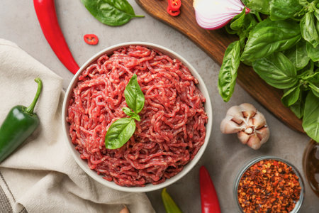 Flat lay composition with fresh raw minced meat on light tableの写真素材