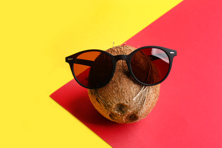 Funny face made of coconut and sunglasses on color background. vacation timeの写真素材