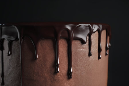 Freshly made delicious chocolate cake against black background, closeupの写真素材