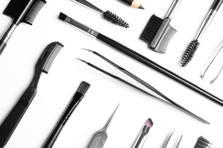 Set of professional eyebrow tools on white background, top viewの写真素材