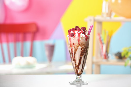 Tasty milk shake with topping on white table indoors. Space for textの写真素材