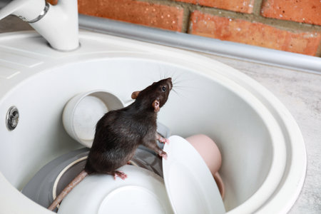 Rat in sink with dishes at kitchen. household pestの写真素材