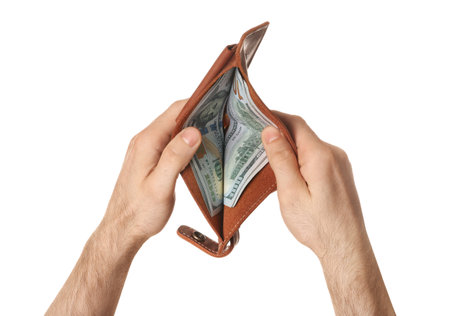 Man holding wallet with dollar bills on white background, closeup
