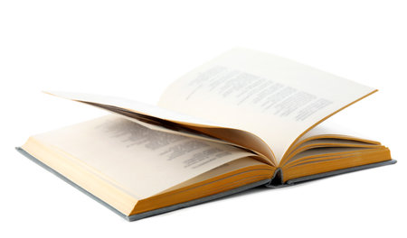 Open gray hardcover book on white backgroundの写真素材