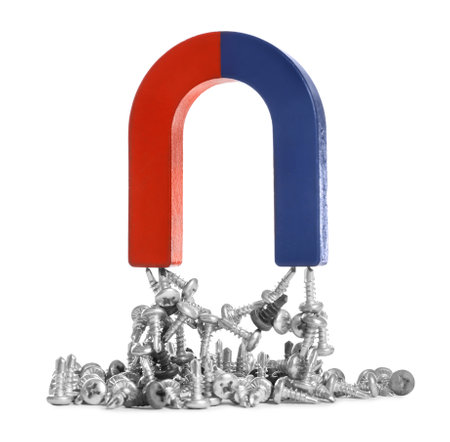 Horseshoe magnet attracting little screws on white backgroundの写真素材