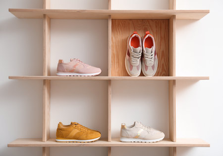 Wooden shelving unit with stylish women's sneakers on white wallの写真素材