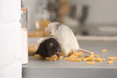 Rats near open container with pasta on kitchen counter. Household pestの写真素材