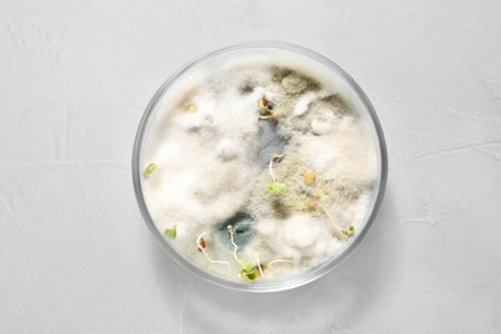 Germination and energy analysis of oat seeds in Petri dish on light table, top view. laboratory researchの写真素材