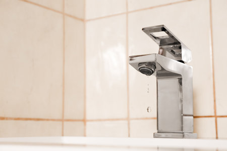 Closeup view of water dropping from faucet indoors. Space for textの写真素材