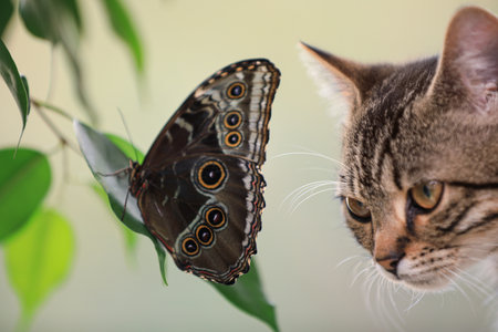 Beautiful Blue Morpho butterfly and tabby cat, closeupの写真素材