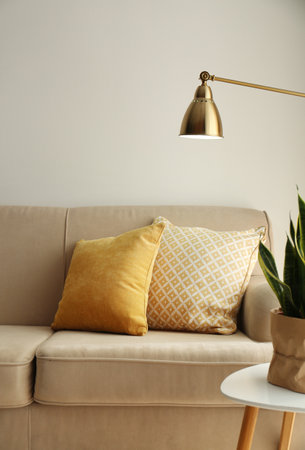 Comfortable sofa with soft pillows in living room interiorの写真素材